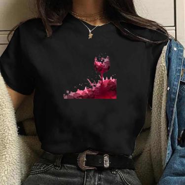 Imagem de Camiseta Blusa feminina arte de vinho desenho Blusa Preta Algodao