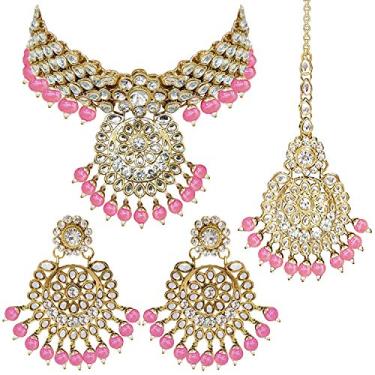 Imagem de Aheli Elegante vestido de festa de casamento Kundan falso cravejado curto colar brincos com Maang Tikka conjunto étnico indiano Bollywood joia moderna para mulheres