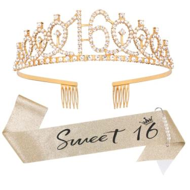 Imagem de Kit de faixa e tiara de aniversário de 16 anos - decorações de aniversário "Sweet 16", presentes de festa de aniversário de 16 anos, artigos de festa de aniversário para meninas (ouro)