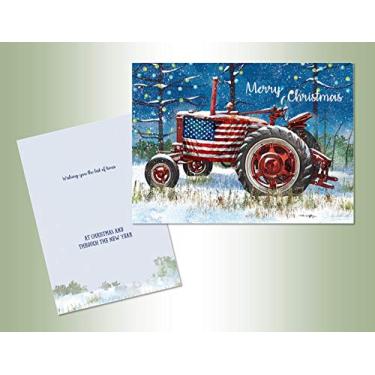 Imagem de Conjunto de trator patriótico de Natal em caixa com 18 cartões com desenhos coloridos internos/18 envelopes (1 design por caixa), 52801