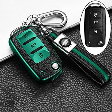 Imagem de YJADHU Capa protetora de chave de carro de couro TPU capa de chave de carro, apto para PoloTiguan Passat B5 B6 B7 Golf Eos Scirocco Jetta MK6 Octavia, verde, C