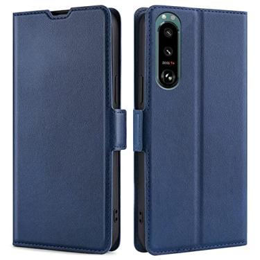 Imagem de DENSUL Capa de couro para Sony Xperia 5 IV, carteira com suporte de livro, visualização magnética, protege o slot de cartão do telefone proteção contra quedas, azul
