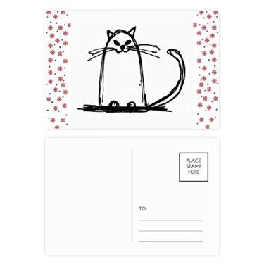 Imagem de Carta postal de Natal com desenho de gato encaracolado em linha sentada e árvore de Natal