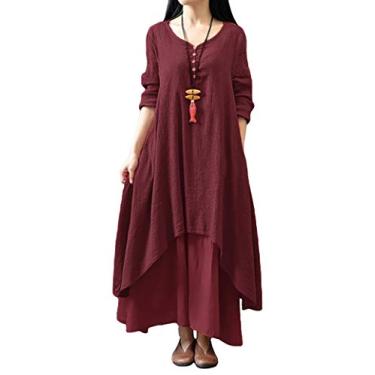 Imagem de WSLCN Vestido Feminino de Algodão e Linho Irregular Manga Longa Camisa Blusa longa Longa Casual Solto Plus Size 5XL Tijolo vermelho