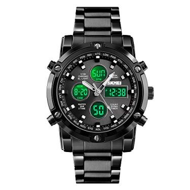 Imagem de Relógio de pulso masculino SKMEI, impermeável, modelo militar, analógico e digital, de negócios, com cronógrafo de LED multihorário, em aço inoxidável, 2.28*1.89*0.63 inches
