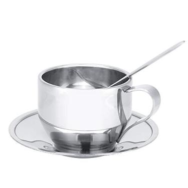 Imagem de POCREATION Xícara de café, copo de café isolado, caneca de leite de chá de parede dupla com conjunto de colheres de pires, canecas de café de aço inoxidável, utensílios de mesa para cozinha e café
