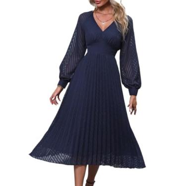Imagem de Camisa Feminina Solid Pleated Hem A-Line Dress (Color : Navy Blue, Size : XL)