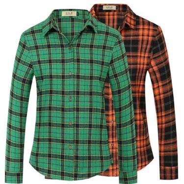 Imagem de SSLR Camisas de flanela femininas moda outono 2023 camisa de botão xadrez leve casual, Flanela preta verde e laranja, P