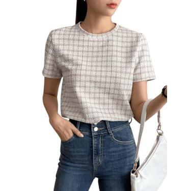 Imagem de Floerns Camiseta feminina casual de manga curta com gola redonda e estampa xadrez, Caqui, P