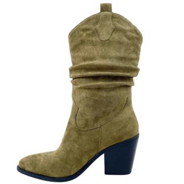 Imagem de Frankie Hsu Botas femininas caubói ocidentais despojadas até o tornozelo verde-oliva camurça sintética amêndoa salto médio grosso grosso moda clássica panturrilha larga bota de puxar tamanho grande,