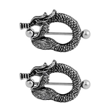 Imagem de Anéis de mamilo de aço inoxidável retrô CZ barbell dragão piercing joias retentor corpo 14G (1,6 mm) 11 mm 2 peças, Metal, Sem pedras preciosas