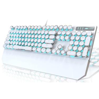 Imagem de Teclado gamer mecânico Camiysn estilo máquina de escrever retrô punk branco com retroiluminação azul, switch azul de 104 teclas, teclado com fio, teclas redondas, para Windows/Mac/PC