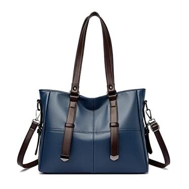 Imagem de Bolsa feminina acolchoada de couro macio com alça superior e alça transversal feminina grande bolsa de ombro, Azul
