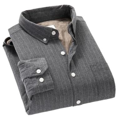 Imagem de Aoleaky Camisa masculina quente de inverno lixamento algodão forro de lã flanela listrada grossa, Cinza claro9, XXG