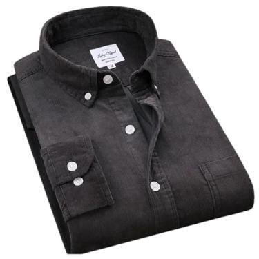 Imagem de BoShiNuo Camisa masculina de veludo cotelê de algodão quente outono inverno manga comprida camisa casual inteligente para homens confortáveis, Cinza escuro, PP