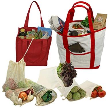 Imagem de Simple Ecology Farmers Market and Grocery Shopping Bolsa reutilizável orgânica para presente e iniciante, conjunto de 8 sacos de mercearia - Natural/Vermelho, GG