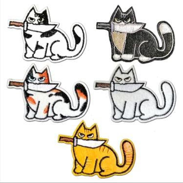 Imagem de CHBROS 5 peças de adesivos bordados de gato com faca, aplique de ferro/costurar em remendos para roupas, jaquetas, camisetas, mochilas... (conjunto de 5)