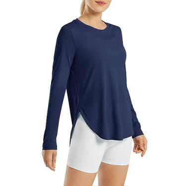 Imagem de G4Free Camisas femininas FPS 50+ UV manga longa treino sol camisa academia ao ar livre caminhada tops secagem rápida leve, Azul marino, G