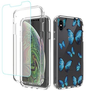 Imagem de sidande Capa para iPhone Xs Max com protetor de tela de vidro temperado, capa protetora fina de TPU floral transparente para Apple iPhone Xs Max 6,5 polegadas (borboleta)