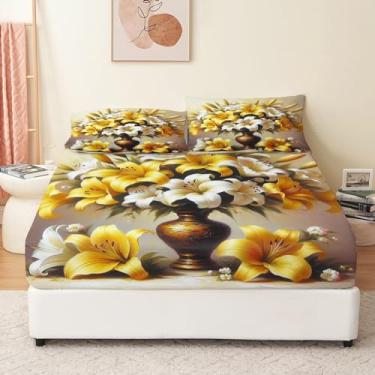 Imagem de Jogo de lençol macio, 4 peças, King Lily floral, mostarda e amarelo, para todas as estações, com bolso extra profundo de 40,6 cm - 1 lençol com elástico, 1 lençol de cima, 2 fronhas