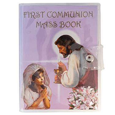 Imagem de Kit essencial de primeira comunhão para meninas | Livreto de missa roxo, rosário branco, escapulário marrom e alfinete de cálice de comemoração em bolsa de vinil portátil | Ótimo presente católico