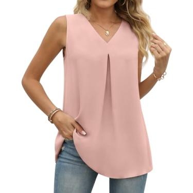 Imagem de Anyally Túnica feminina de verão sem mangas de chiffon blusa casual elegante blusa solta gola V camisas de trabalho, Sem mangas/rosa, 3G