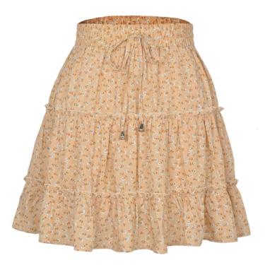 Imagem de Saia feminina de verão com babados na cintura e borda floral evasê saia curta feminina, Novo+bege, G