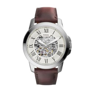 Imagem de Fossil Relógio masculino Grant com cronógrafo ou mostrador automático e pulseira de couro genuíno ou aço inoxidável, Prata, marrom automático, Corda automática