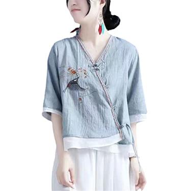 Imagem de Camisetas femininas de linho verão estilo chinês retrô finas camisas tradicionais chinesas tang terno Hanfu étnico feminino Cheongsam, H-802, P