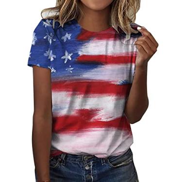 Imagem de Camiseta feminina com bandeira americana 4th of July Patriotic Shirt Stars Stripes Camiseta manga curta Graphic Top Tees, Vermelho, G