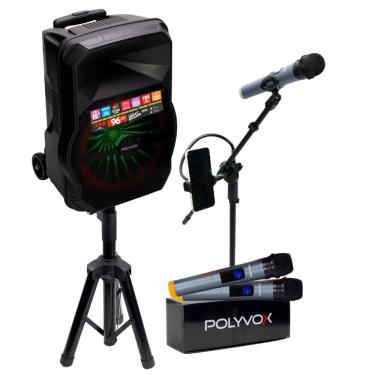 Imagem de Kit Show Polyvox com Caixa Amplificada XC-715T + Tripé para Caixa + Dois Microfones sem Fio + Pedestal para Microfone
