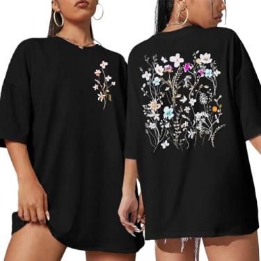 Imagem de CAZYCHILD Camisetas estampadas femininas grandes com estampa de flores, boêmio, flores silvestres, casual, verão, tops, Preto, GG