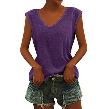 Imagem de Camisetas femininas de manga cavada, gola V, regata de verão, casuais, básicas, camisetas soltas, M-GGG, Roxa, M