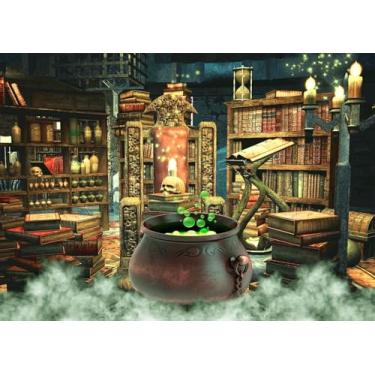 Imagem de DePhoto Cenário de fotografia de Halloween, estante mágico de caldeirão de bruxa em sala assustadora, decoração de festa, fundo de retrato de vinil para cabine de estúdio de foto PGT646A, 2,1 x 1,5 m