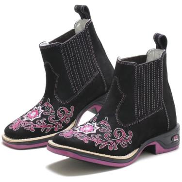 Imagem de Bota Feminina Texana Country Em Couro Botina Bordado Flor Bico Quadrado RR Botas