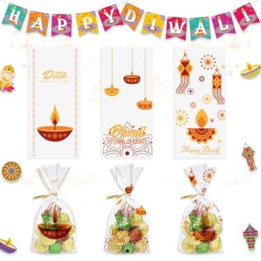 Imagem de 120 peças sacos Diwali Goodie celofane para festa de doces Deepawali, 3 estilos, Happy Diwali, sacos de plástico OPP com laços torcidos para presentes de Diwali, suprimentos de decoração de festa