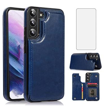 Imagem de Asuwish Capa carteira compatível com Samsung Galaxy S22 Plus 5G 2022 e protetor de tela de vidro temperado com porta-cartões para celular Gaxaly S22+5G Galaxies S22plus 22S + S 22 22+ G5 Women Me Blue