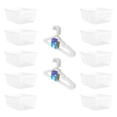 Imagem de Kit 10 Cestos 16x12x6cm e 10 Cabides Infantis Transparente - 123 Organ