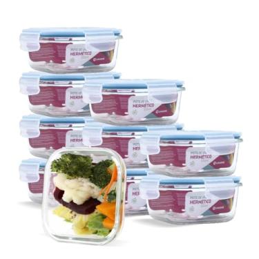 Imagem de KIT 10 Potes de Vidro Quadrado com Tampa Hermética 520ml Cor:Azul (UV)