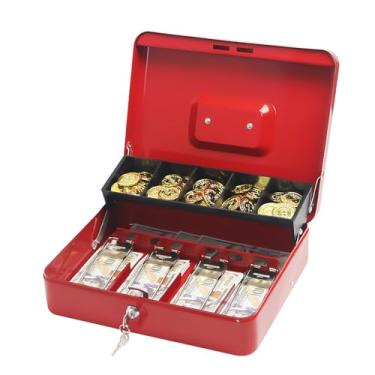 Imagem de Caixa de dinheiro com trava segura com chave ou comnination, bandeja de dinheiro e organizador – Cofre de metal para gerenciamento de dinheiro (chave vermelha)
