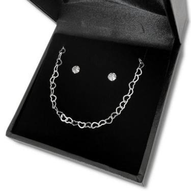 Imagem de Kit Pulseira e Brinco Prata 925 Pedra Zircônia Elos Corações - Hakuna 