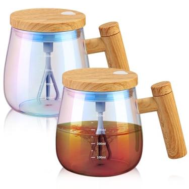 Imagem de Maxcheck 2 peças de caneca de café de vidro automisturável com tampa e alça copo elétrico automático de alta velocidade caneca de liquidificador rotativo para misturar bebida proteína de leite para
