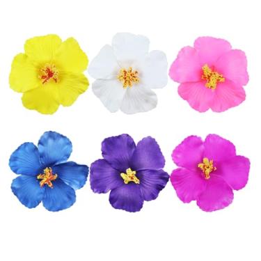 Imagem de Aacehlh 6 presilhas de cabelo com flores havaianas, grampos de cabelo plumeria de 9 cm, presilhas de cabelo de hibisco para decorações de festa tropical no Havaí, lembrancinhas de artigos de festa
