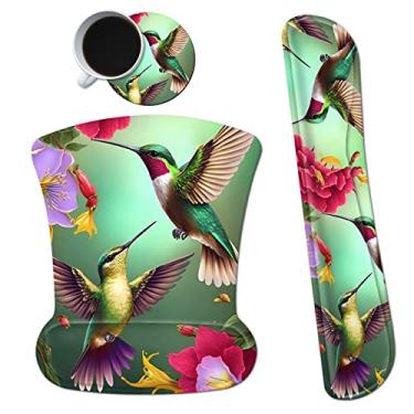 Imagem de Dikoer Mouse pad ergonômico com suporte de pulso gel mouse pads e teclado atualizado conjunto de almofadas de descanso de pulso, porta-copos base de poliuretano antiderrapante tapete de mouse para escritório, jogos, laptop, casa, beija-flor