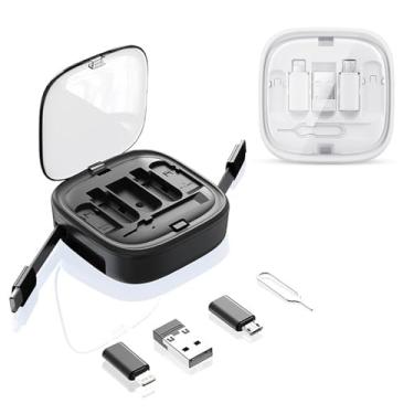 Imagem de XIOQRA O Caixa de armazenamento de cabo de carregamento múltiplo, 2 unidades, cabo USB C retrátil de 9 m, kit adaptador USB C para portas USB A, micro e Lightning. Perfeito para viagens, escritório,