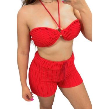 Imagem de Saída de Praia Feminina Top com Bojo e Shortinho Missatti, Vermelho, M