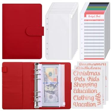 Imagem de SKYDUE Fichário econômico com envelopes com zíper, organizador de dinheiro para dinheiro, 12 folhas de orçamento de despesas e 24 etiquetas adesivas de ouro rosa, fichário de economia de dinheiro para orçamento (vinho)