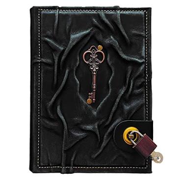 Imagem de Trend Tick Diário de couro feito à mão com cadeado 100% couro genuíno diário de camurça sem ácido 384 páginas, diário de cadeado antigo de 23 x 17 cm para escrever diário com cadeado