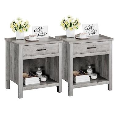 Imagem de GAOMON Conjunto quadrado de 2 mesinhas de cabeceira, mesa ao lado da mesa com gaveta de armazenamento para quarto, berçário, sala de estar, dormitório universitário, cinza rústico