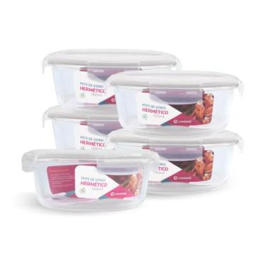 Imagem de Kit 5 Potes de Vidro Redondo com Tampa Hermética 1300ml (Branco)